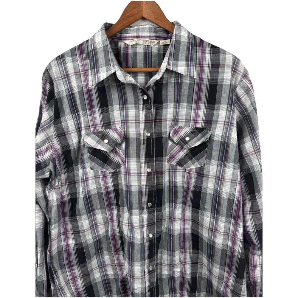 Cumberland Outfitter’s Women’s Western Rodeo Shirt XL Purple Plaid- Pearl Snaps